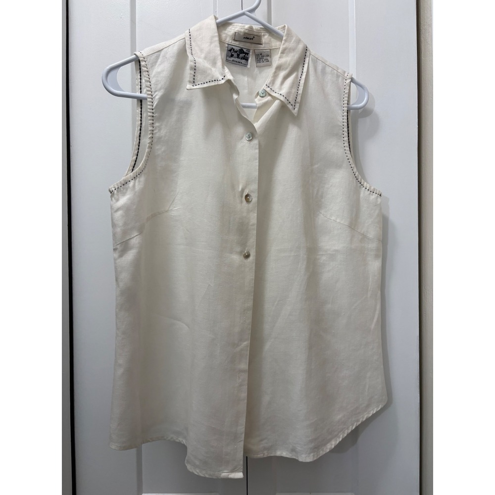 Edward Women Ivory 100% Irish Linen Sleeveless Button Down Top Contrast Stitch M
